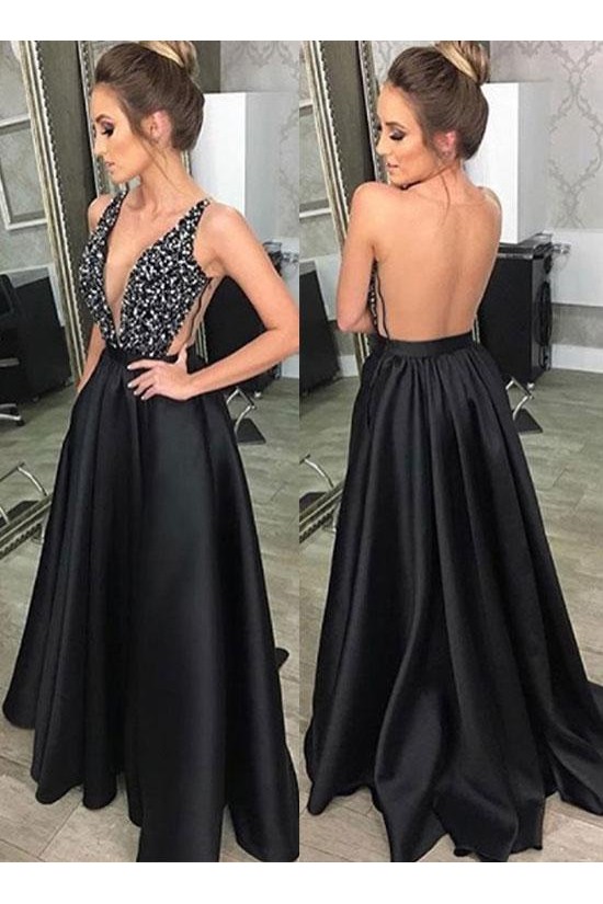 A-Line V-Neck Beaded Long Black Prom Dresses Formal Evening Dresses 601086 A-Line V-Neck Beaded Long Black Prom Dresses Formal Evening Dresses 601086