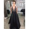 A-Line V-Neck Beaded Long Black Prom Dresses Formal Evening Dresses 601086