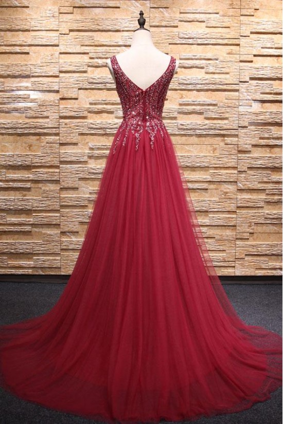 A-Line Beaded Long Red Tulle Prom Dresses Formal Evening Dresses 601087