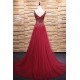 A-Line Beaded Long Red Tulle Prom Dresses Formal Evening Dresses 601087