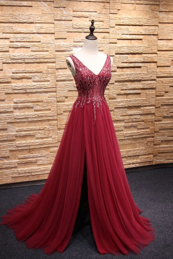 A-Line Beaded Long Red Tulle Prom Dresses Formal Evening Dresses 601087
