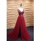 A-Line Beaded Long Red Tulle Prom Dresses Formal Evening Dresses 601087