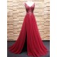A-Line Beaded Long Red Tulle Prom Dresses Formal Evening Dresses 601087