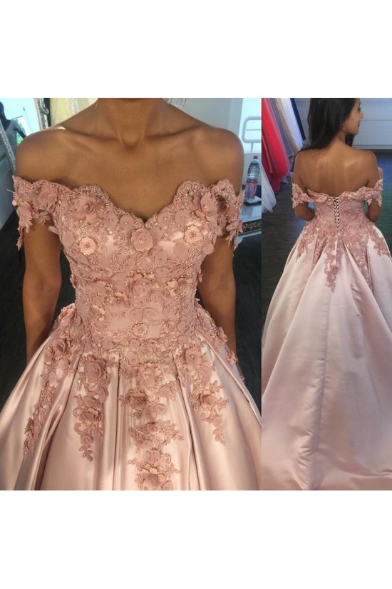 Ball Gown Off-the-Shoulder Lace Satin Long Prom Dresses Formal Evening Dresses 601088