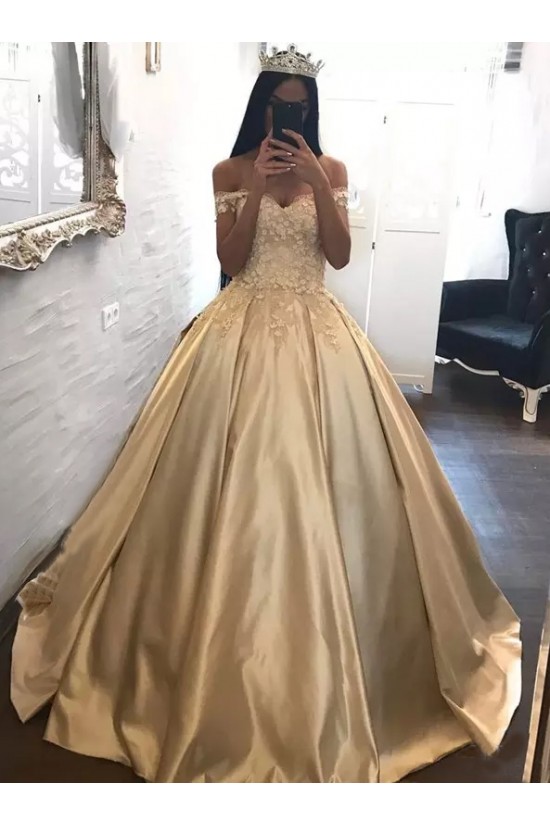 Ball Gown Off-the-Shoulder Lace Satin Long Prom Dresses Formal Evening Dresses 601088