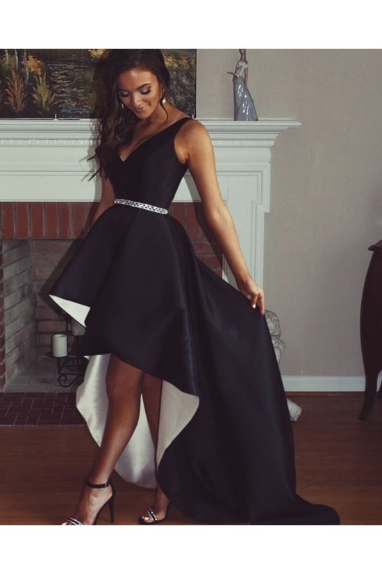 High Low Black White V-Neck Prom Dresses Formal Evening Dresses 601097