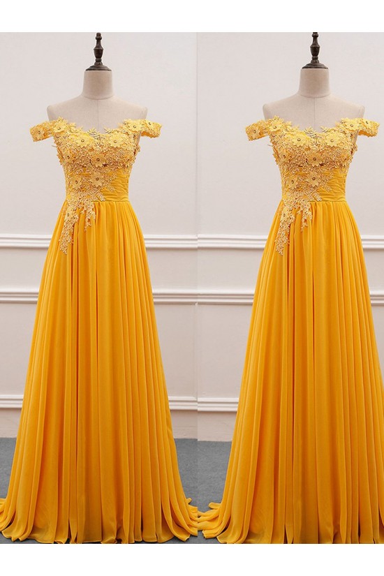 Off Shoulder Long A-line Yellow Chiffon Prom Dresses, Lovely Elegant Prom Dresses, 2020 Prom Dresses main image 0