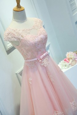 A-Line Short Pink Lace Appliques Prom Dresses Formal Evening Dresses 601099