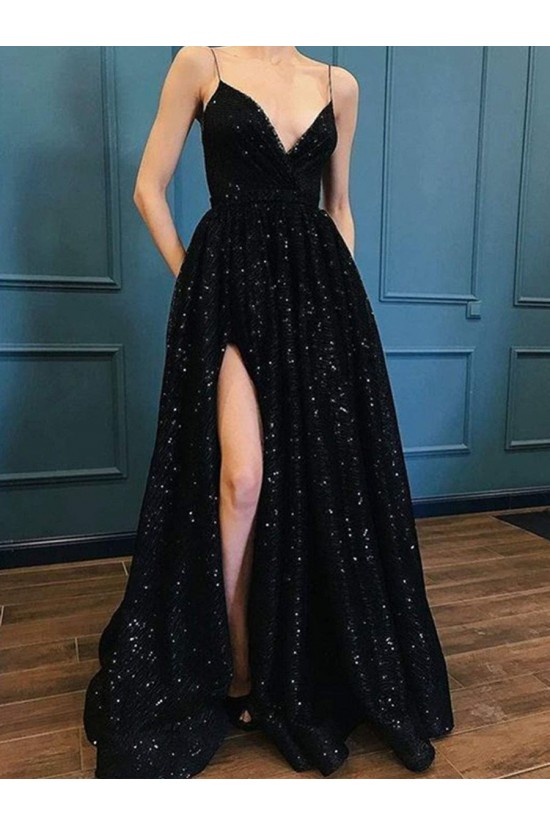 Spaghetti Strap Sparkle Long Black Prom Dresses Formal Evening Dresses 601129 Spaghetti Strap Sparkle Long Black Prom Dresses Formal Evening Dresses 601129