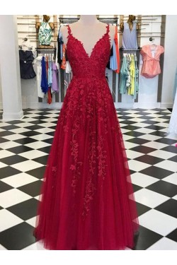 A-Line Lace Appliques V-Neck Long Prom Dresses Formal Evening Dresses 601142