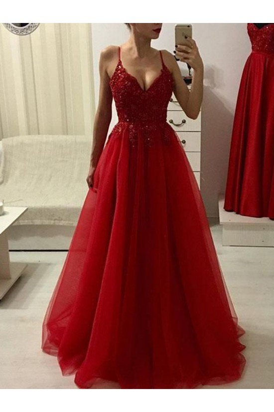 Long Red Spaghetti Strap V-Neck Prom Dresses Formal Evening Dresses 601151 Long Red Spaghetti Strap V-Neck Prom Dresses Formal Evening Dresses 601151