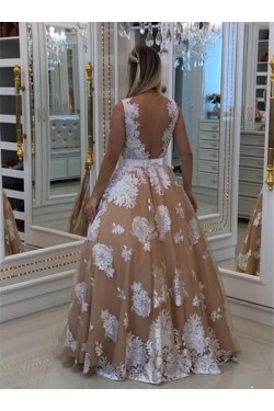 A-Line V-Neck Beaded Lace Long Prom Dresses Formal Evening Dresses 601170