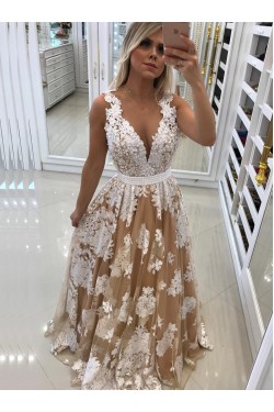 A-Line V-Neck Beaded Lace Long Prom Dresses Formal Evening Dresses 601170