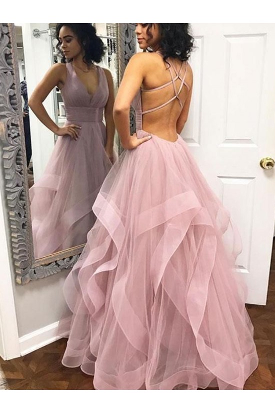 Long Tulle V-Neck Prom Dresses Formal Evening Dresses 601189 Long Tulle V-Neck Prom Dresses Formal Evening Dresses 601189