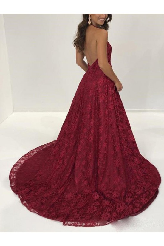 Halter Lace V-Neck Long Prom Dresses Formal Evening Dresses 601193 Halter Lace V-Neck Long Prom Dresses Formal Evening Dresses 601193