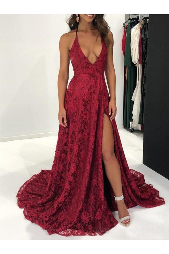 Halter Lace V-Neck Long Prom Dresses Formal Evening Dresses 601193 Halter Lace V-Neck Long Prom Dresses Formal Evening Dresses 601193