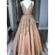 A-Line V-Neck Beaded Lace Long Prom Dresses Formal Evening Dresses 601202