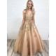 A-Line V-Neck Beaded Lace Long Prom Dresses Formal Evening Dresses 601202