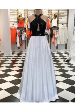 A-Line Beaded Black White Long Prom Dresses Formal Evening Dresses 601214