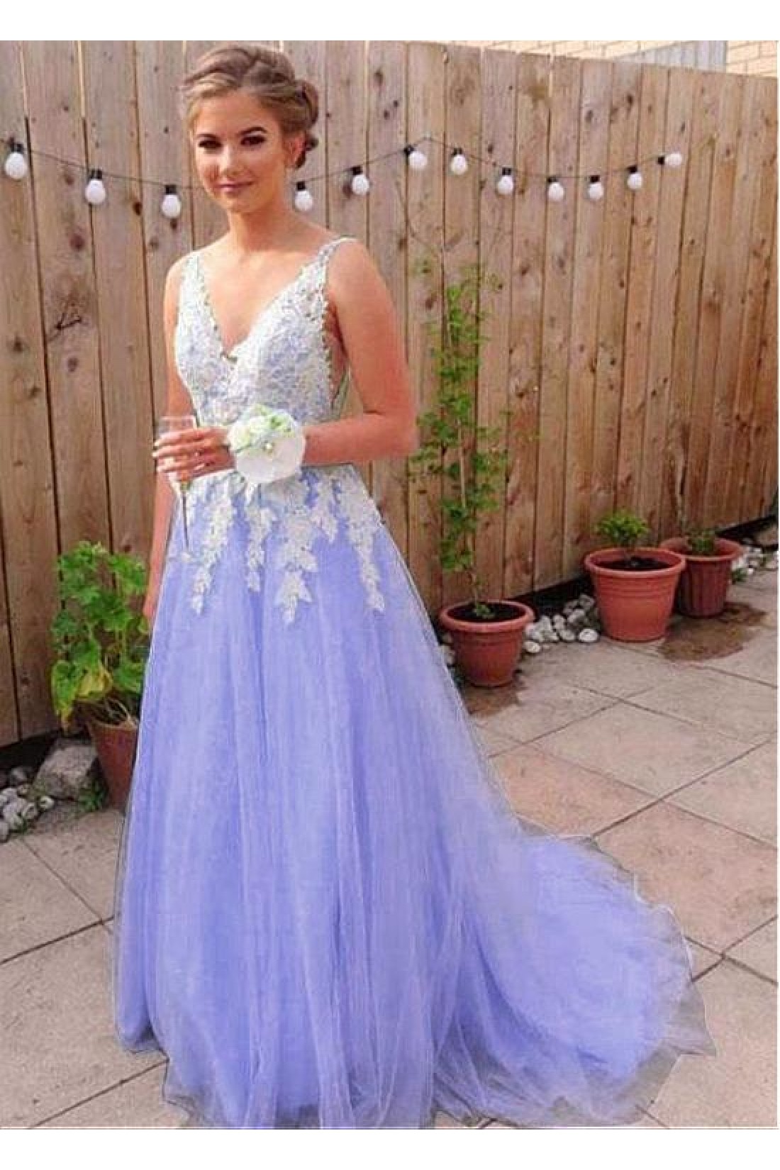 Yellow Long A-line V Neck Lace Tulle Backless Formal Graduation Prom Dresses main image 1