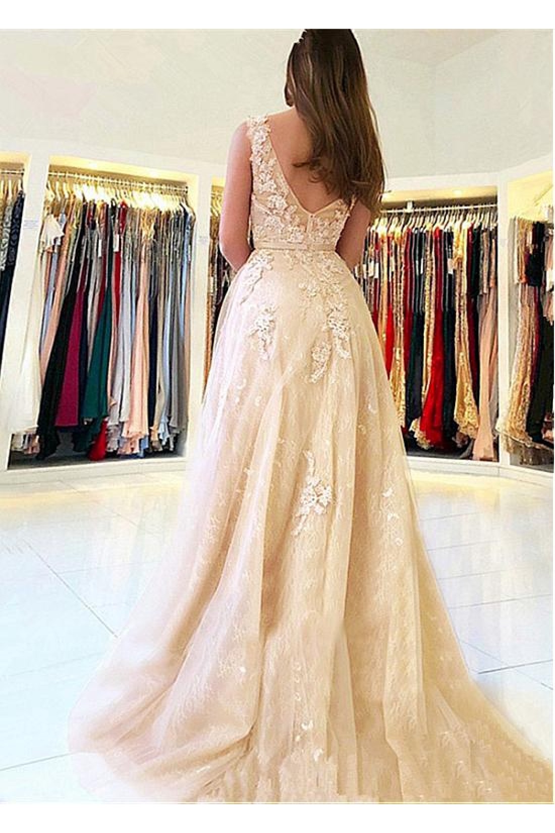 A Line High Neck Lace Long Evening Prom Dress, Lace Evening Dress