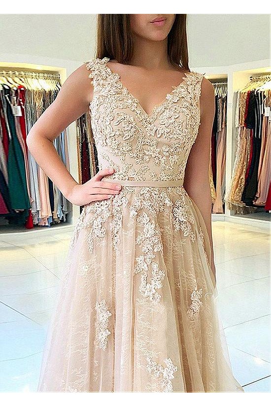 A-Line V-Neck Lace Long Prom Dresses Formal Evening Dresses 601229 A-Line V-Neck Lace Long Prom Dresses Formal Evening Dresses 601229