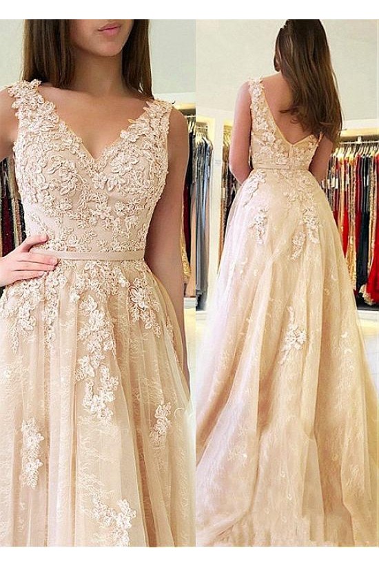 A-Line V-Neck Lace Long Prom Dresses Formal Evening Dresses 601229 A-Line V-Neck Lace Long Prom Dresses Formal Evening Dresses 601229