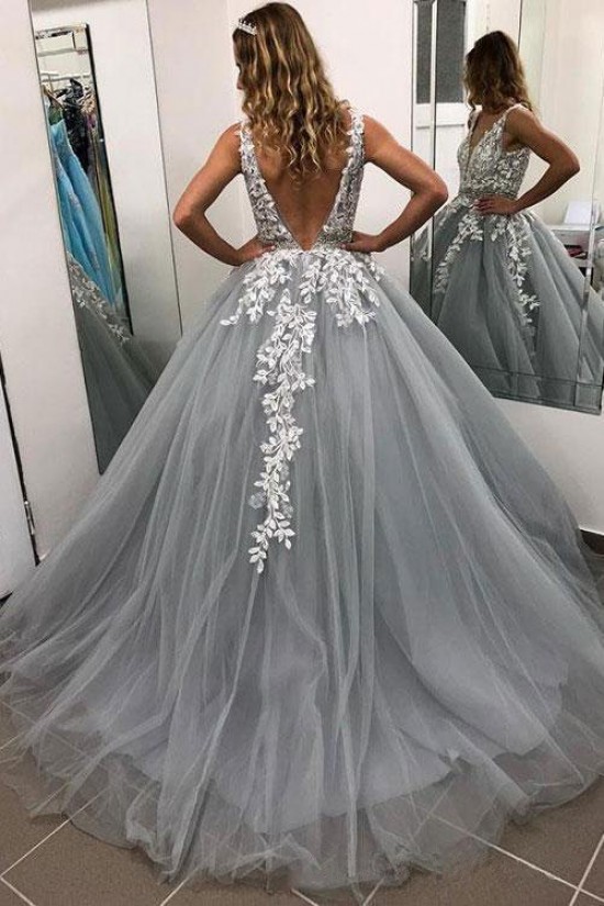 Long A-line V-neck Tulle Front Slit Formal Prom Dress with Lace Appliques