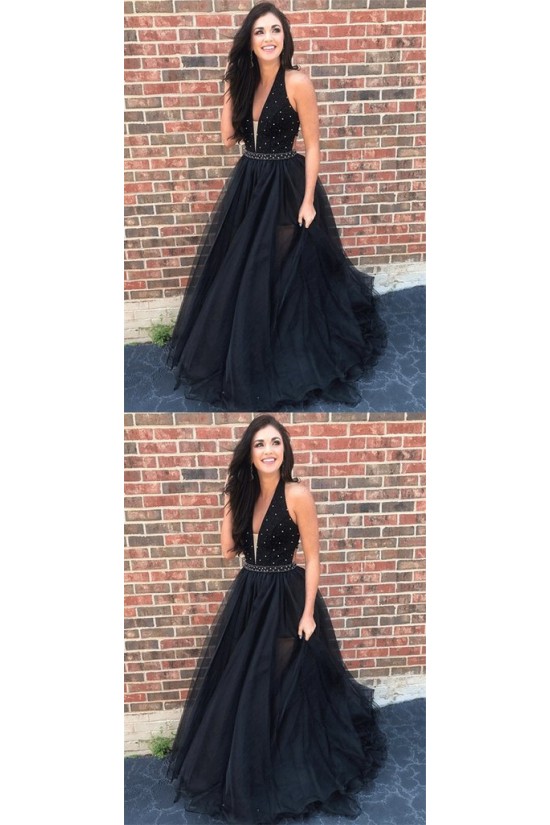 A-Line V-Neck Beaded Black Long Prom Dresses Formal Evening Dresses 601241 A-Line V-Neck Beaded Black Long Prom Dresses Formal Evening Dresses 601241