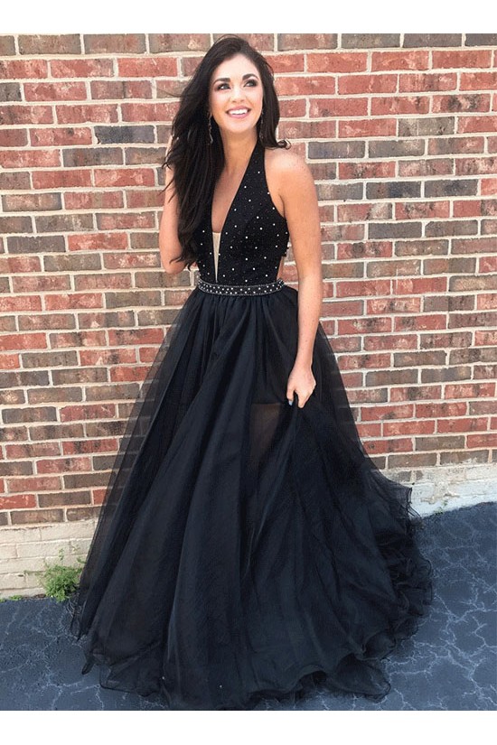 A-Line V-Neck Beaded Black Long Prom Dresses Formal Evening Dresses 601241 A-Line V-Neck Beaded Black Long Prom Dresses Formal Evening Dresses 601241