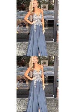 A-Line V-Neck Beaded Lace Chiffon Long Prom Dresses Formal Evening Dresses 601255