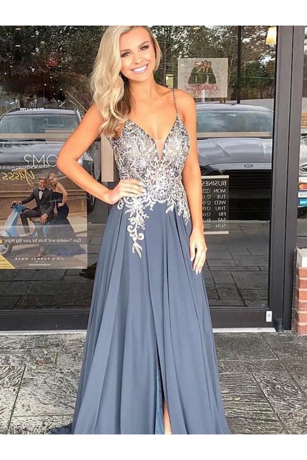 A-Line/Elegant V-neck Short Sleeves Lace Floor-Length Chiffon Prom Dresses main image 1
