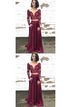 Long Sleeves Two Pieces Lace Long Prom Dresses Formal Evening Dresses 601256