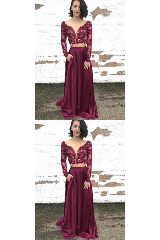 Long Sleeves Two Pieces Lace Long Prom Dresses Formal Evening Dresses 601256