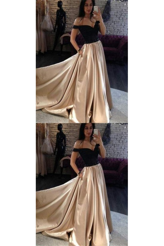 A-Line Off-the-Shoulder Beaded Long Prom Dresses Formal Evening Dresses 601258