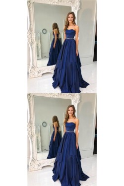 A-Line Strapless Beaded Long Prom Dresses Formal Evening Dresses 601260