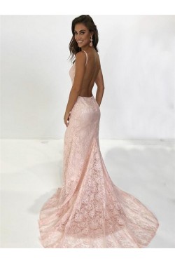 Backless V-Neck Lace Long Prom Dresses Formal Evening Dresses 601267