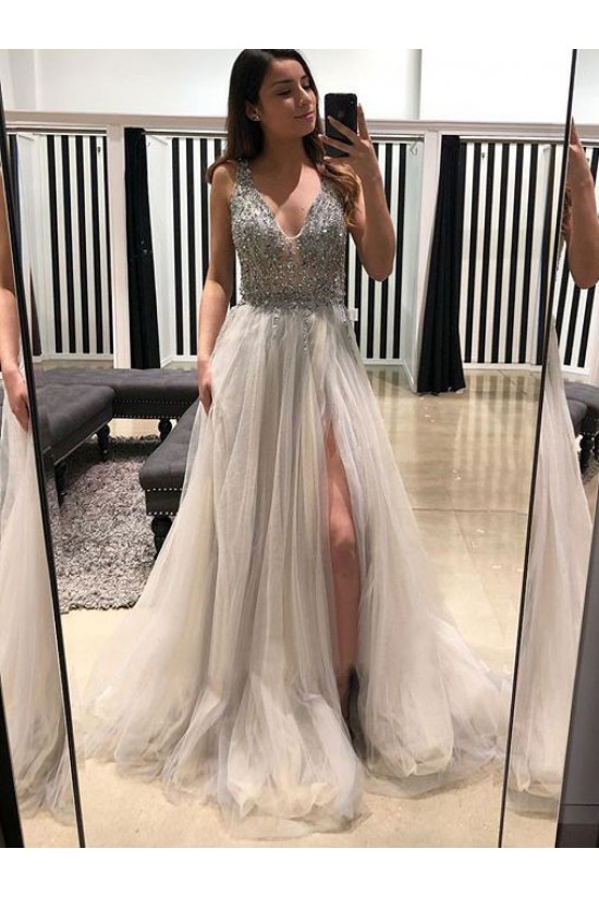 A-line V Neck Open Back Beaded Tulle Lace Long Prom Dresses Pink Formal Graduation Evening Gowns