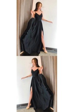 A-Line Spaghetti Straps Lace Long Black Prom Dresses Formal Evening Dresses 601285