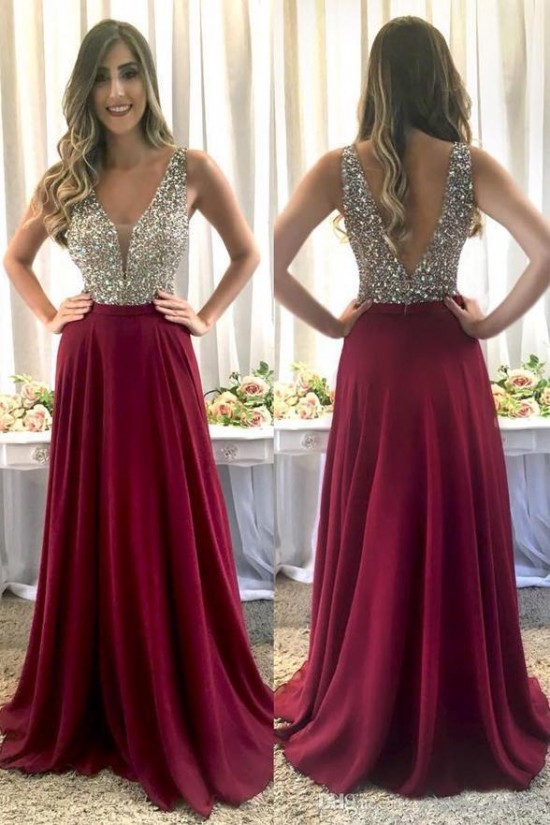 A-Line Beaded Long Prom Dresses Formal Evening Dresses 601300