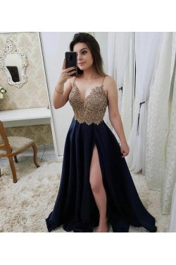 A-Line Beaded Lace V-Neck Long Prom Dresses Formal Evening Dresses 601321