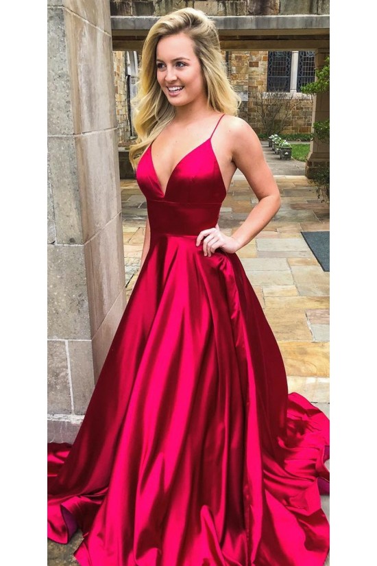 Spaghetti Straps V-Neck Long Prom Dresses Formal Evening Dresses 601326