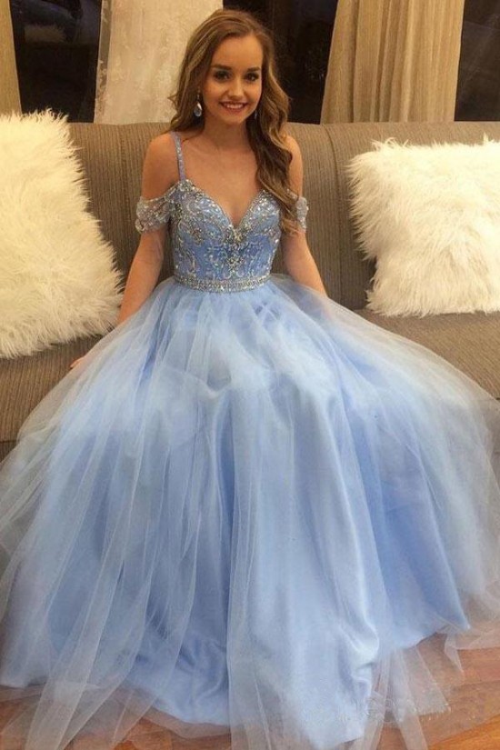 A-Line Beaded Long Prom Dresses Formal Evening Dresses 601329