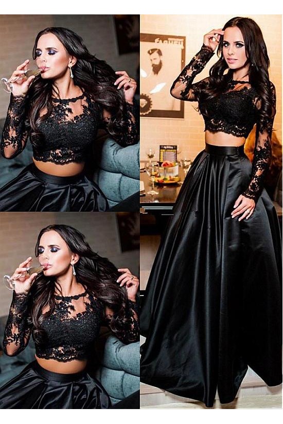 A-Line Lace Long Sleeves Two Pieces Long Prom Dresses Formal Evening Dresses 601343 A-Line Lace Long Sleeves Two Pieces Long Prom Dresses Formal Evening Dresses 601343