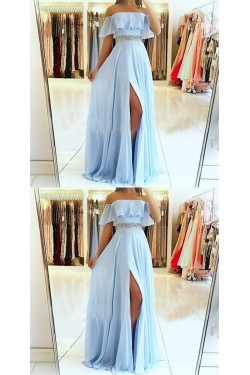 A-Line Off-the-Shoulder Beaded Long Prom Dresses Formal Evening Dresses 601353