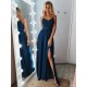 A-Line V-Neck Lace Long Prom Dresses Evening Gowns 601378