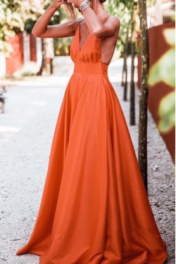 Sexy A-Line Spaghetti Straps V-neck Long Prom Dresses Formal Evening Gowns 601380