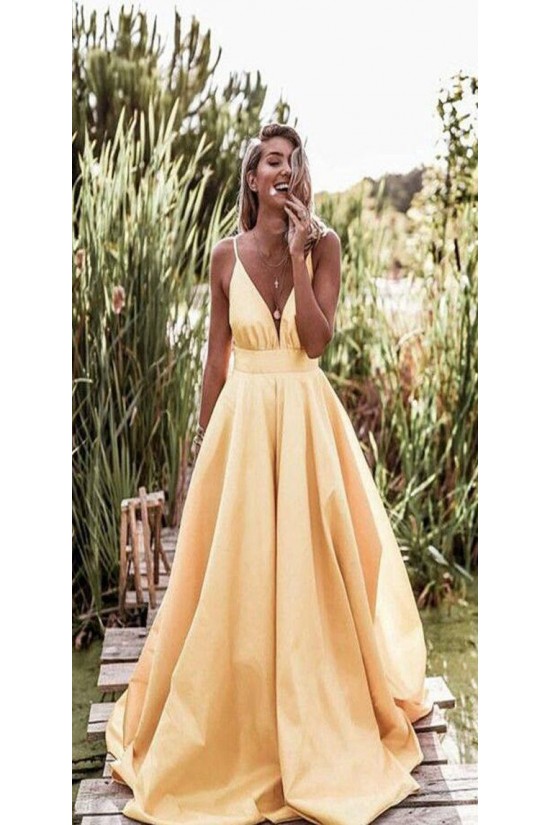 Sexy Spaghetti Straps V-Neck Sleeveless Side Slit A-Line Long Prom Dresses,PD0814
