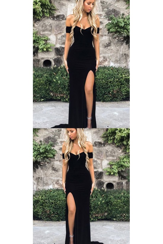 Elegant Long Black Off-the-Shoulder Prom Dresses Evening Gowns with Slit 601381