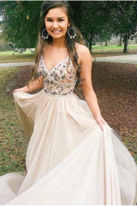 A-Line V-Neck Long Prom Dress Formal Evening Dresses 601384
